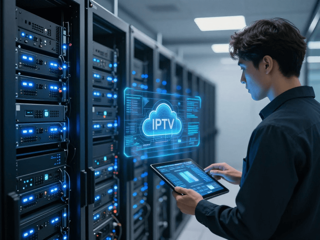 IPTV panel technology in a modern data center, showcasing advanced server systems and cloud computing efficiency.