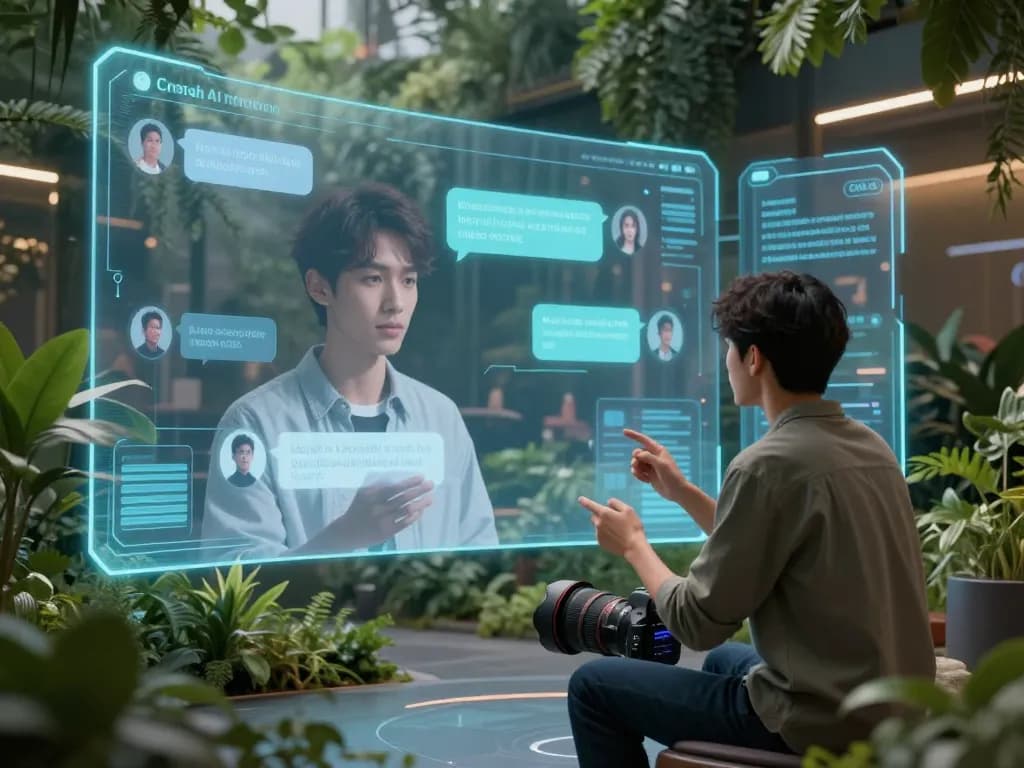 Interactive virtual space showcasing Crush AI chat experience with vibrant avatars and holographic interfaces.