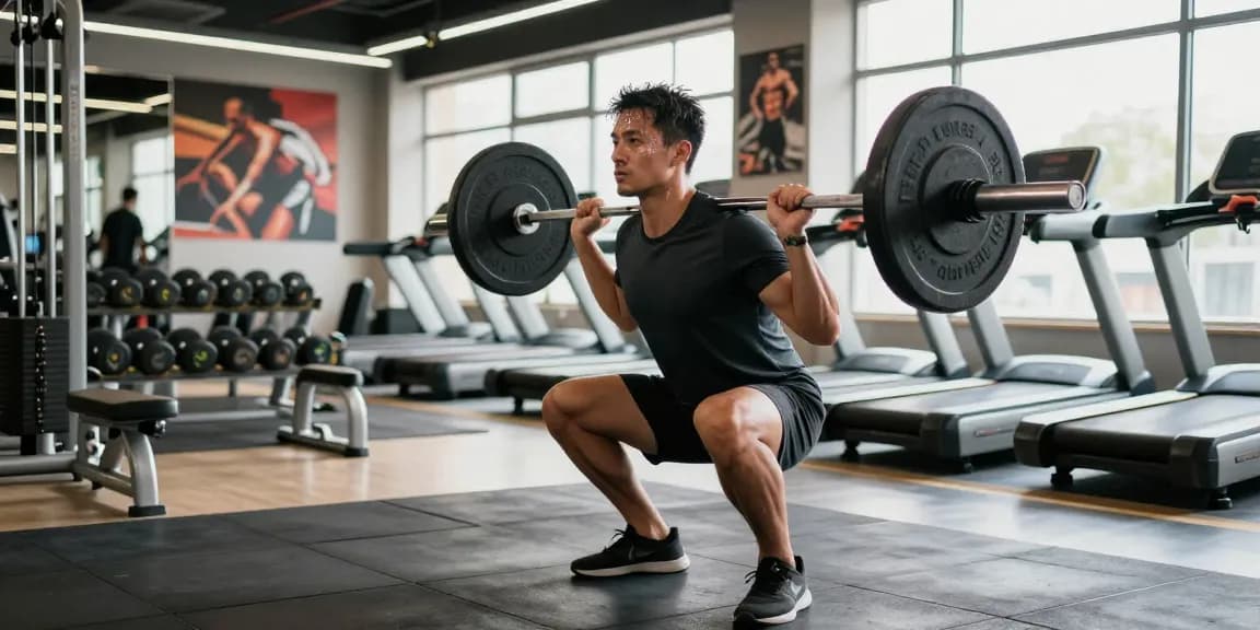 Steroide Boutique fitness scene with an athlete performing squats in a bright gym.