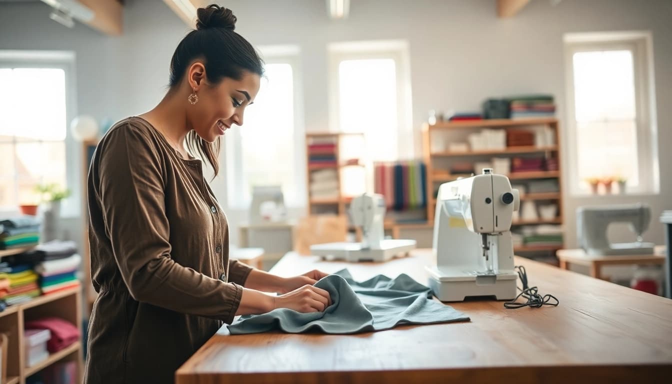 Stof kopen per meter: kleurrijke stoffen in een naaiatelier met creatieve omgeving.