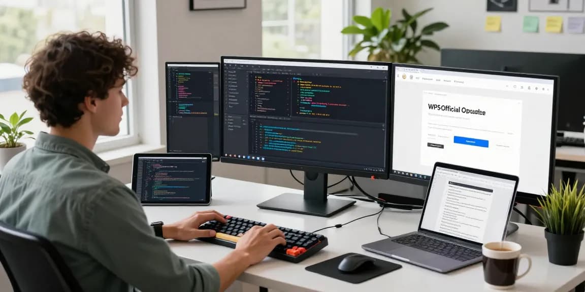 Dynamic office scene showcasing a developer engaged with the WPS Official Website on multiple screens, highlighting a productive tech environment.