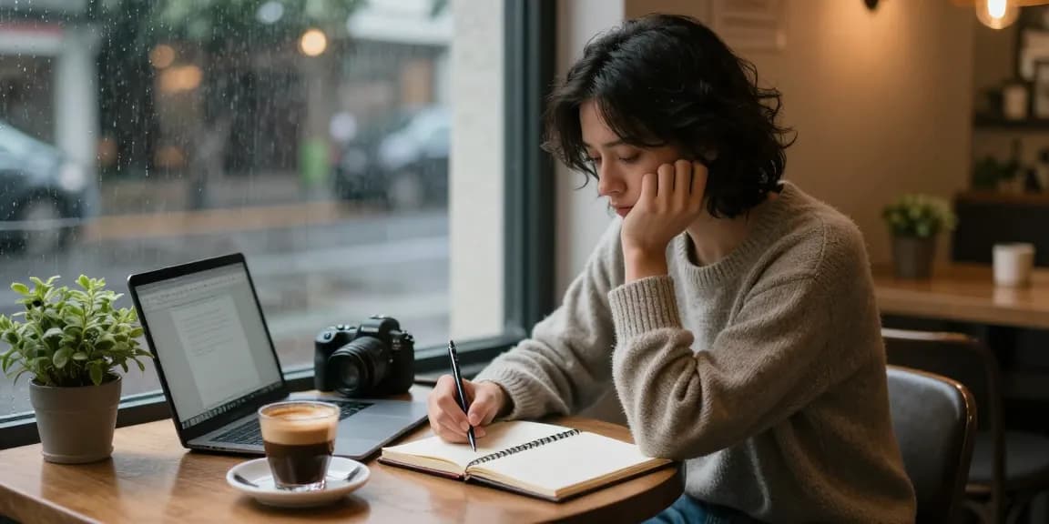 Rokok88 reflects on personal struggles in a cozy café scene.