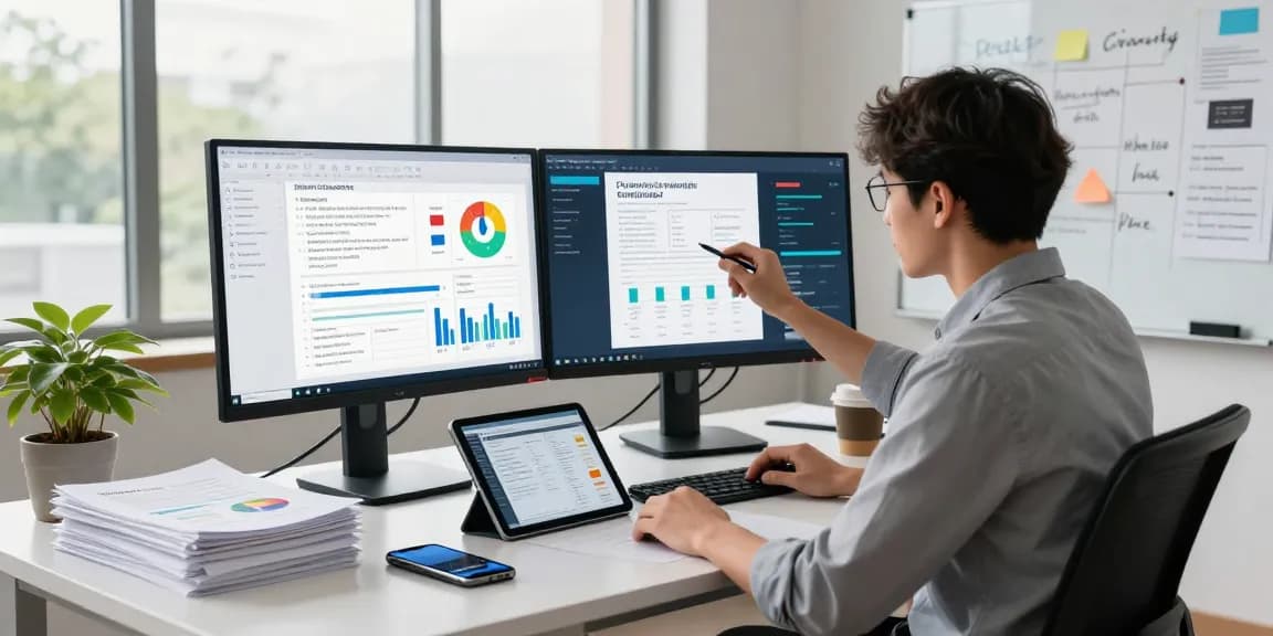 Document fraud detection professional analyzing data in a modern office environment with dual monitors and real-time analytics.