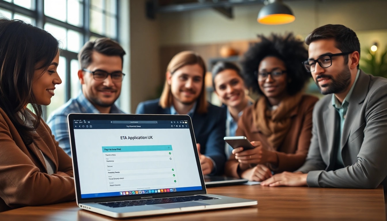 Individuals engaged in the eta application uk process at a modern café setting.