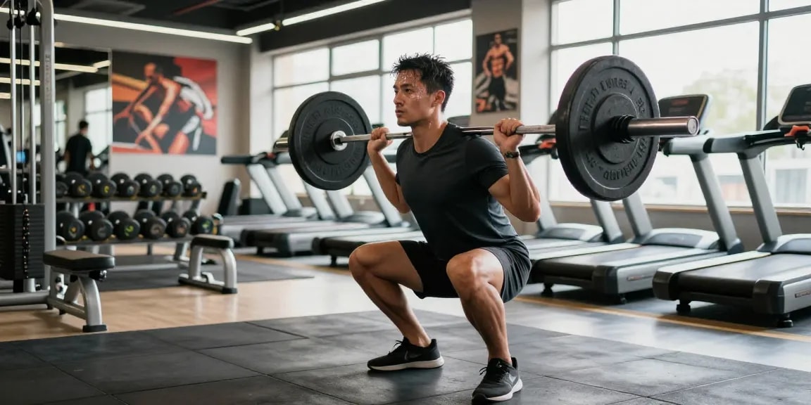 Steroide Boutique fitness scene with an athlete performing squats in a bright gym.