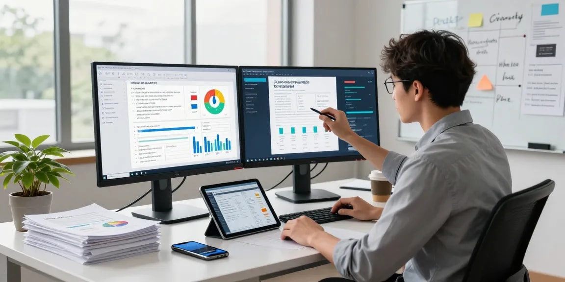 Document fraud detection professional analyzing data in a modern office environment with dual monitors and real-time analytics.