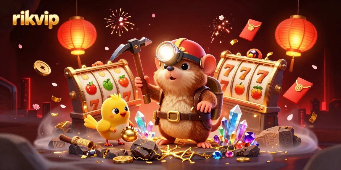 Experience the thrill of rikvip gaming with a vivid 3D illustration of a treasure hunter amidst slot reels and glowing gems.