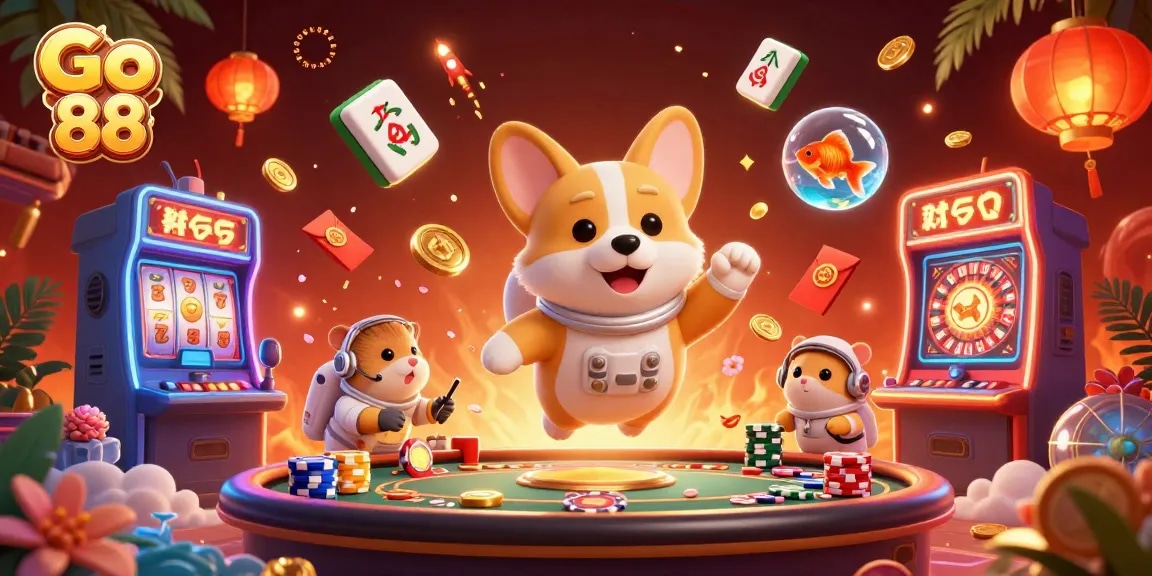 Engage with Go 88 in a dazzling 3D space casino scene filled with gaming excitement.