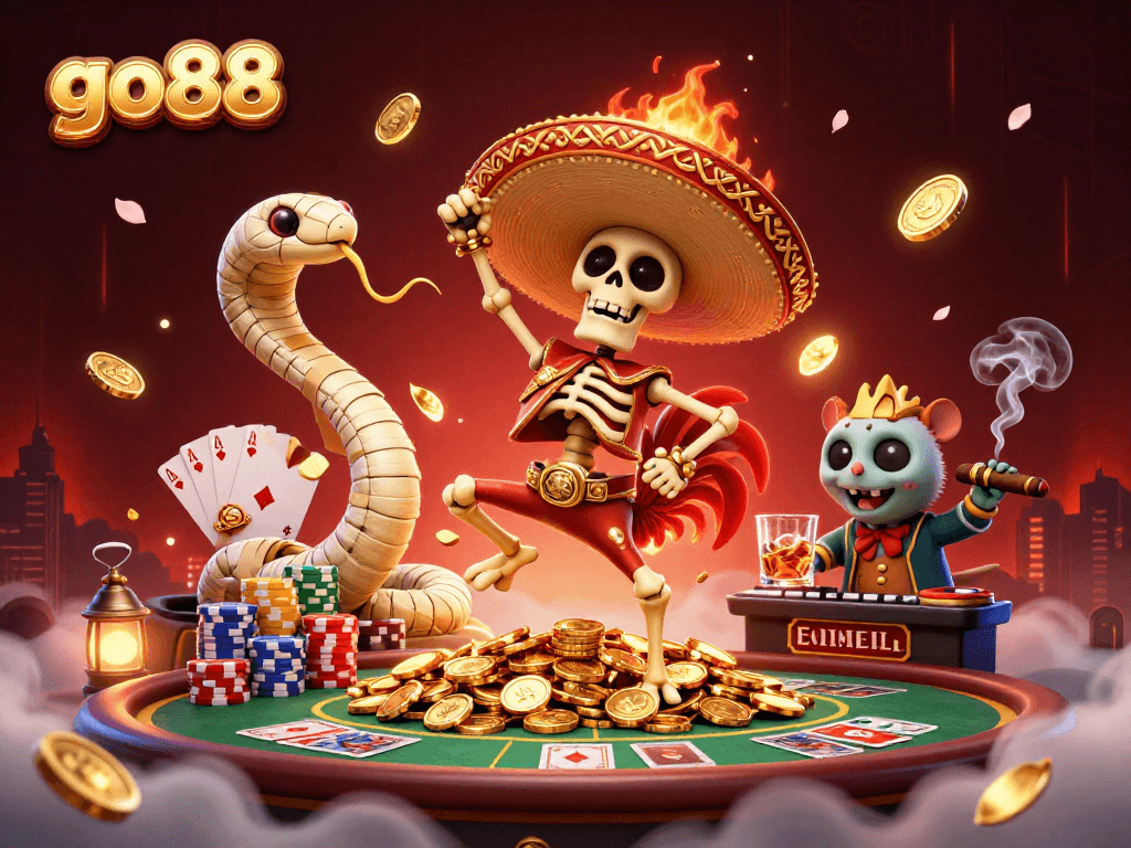 Engage in thrilling casino action with go88 featuring a vibrant skeleton mariachi rooster, mummy snake, and zombie hamster DJ.