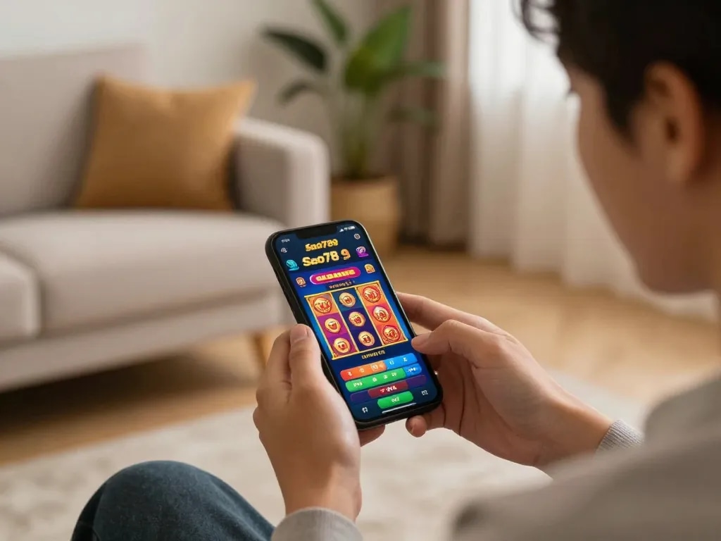 Sao789 player strategizing on mobile app in a cozy home gaming setup.