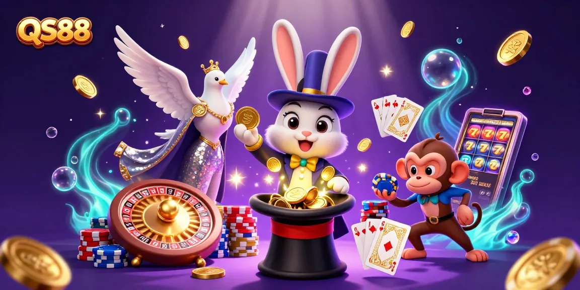 Experience the magic of QS88 with a 3D illustration of a rabbit pulling coins, a dove, and a monkey by casino elements.
