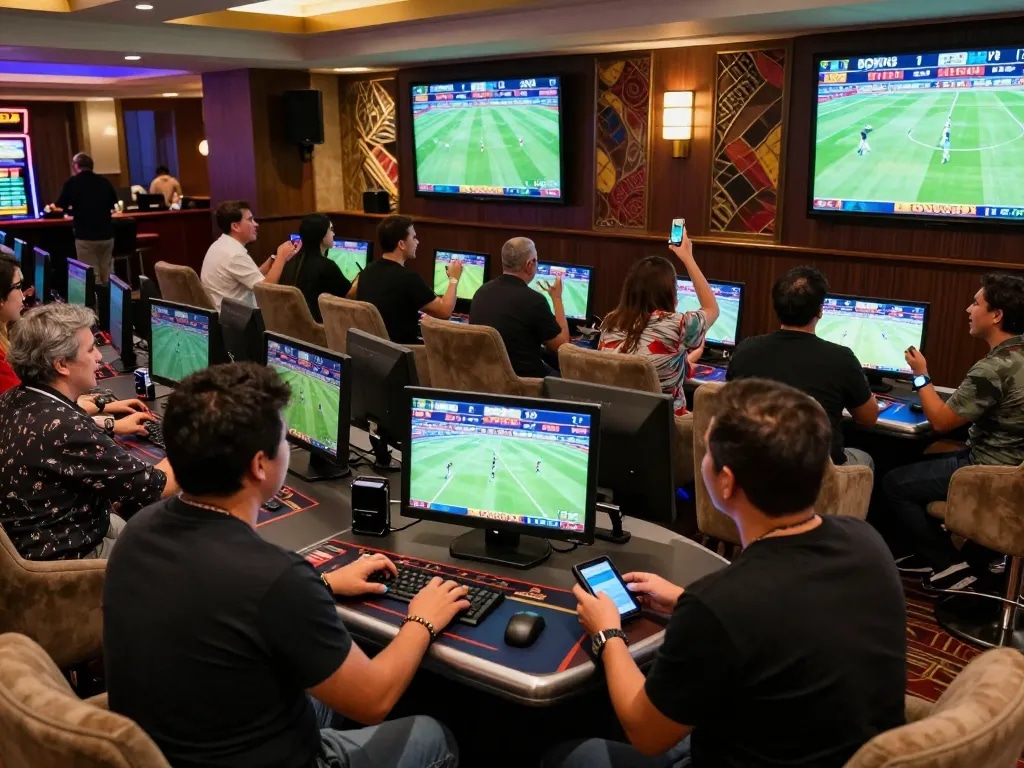 Excited patrons placing bets on BONG88 in a high-end sports betting lounge during live matches.