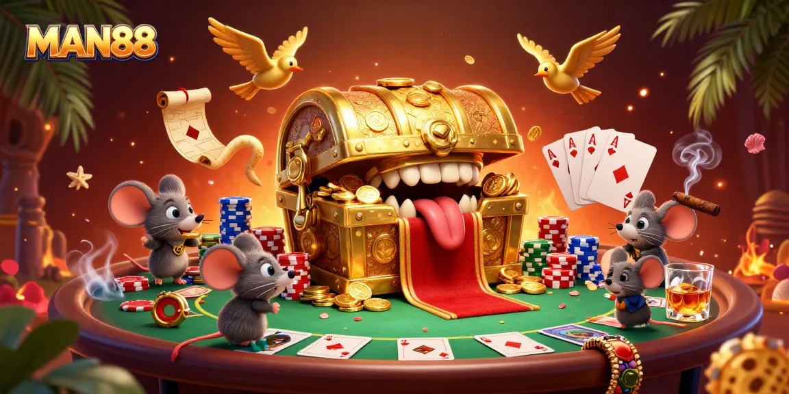 Experience thrilling adventures at MAN88 with a golden treasure chest and dynamic poker elements.