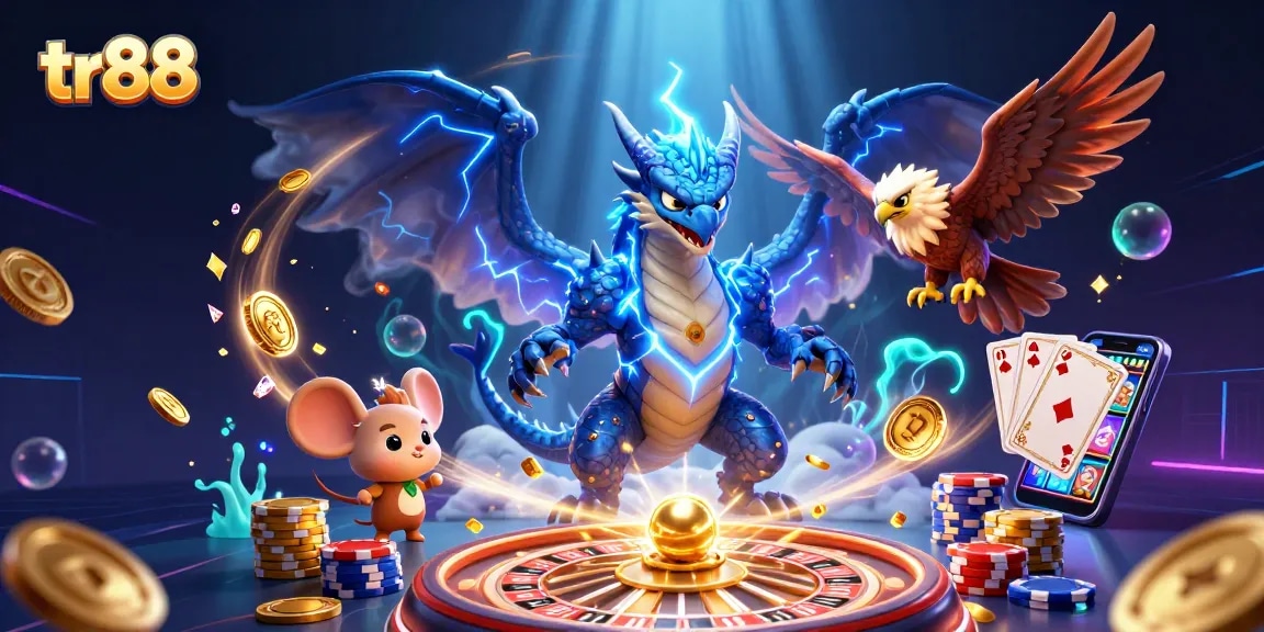 Experience the excitement of tr88 with a vivid casino scene featuring dragons, coins, and vibrant game elements.