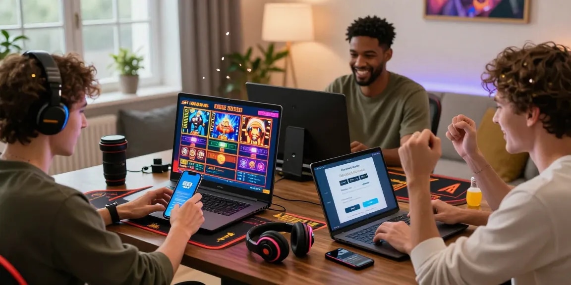Excited players engaging with non-UK casinos at home, showcasing variety of games and payment methods at https://sssk.org.uk.