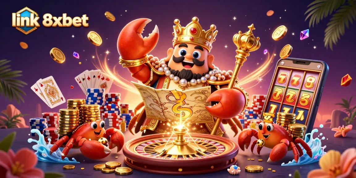 Experience the thrilling gaming world at link 8xbet with a golden crab emperor and vibrant casino elements.