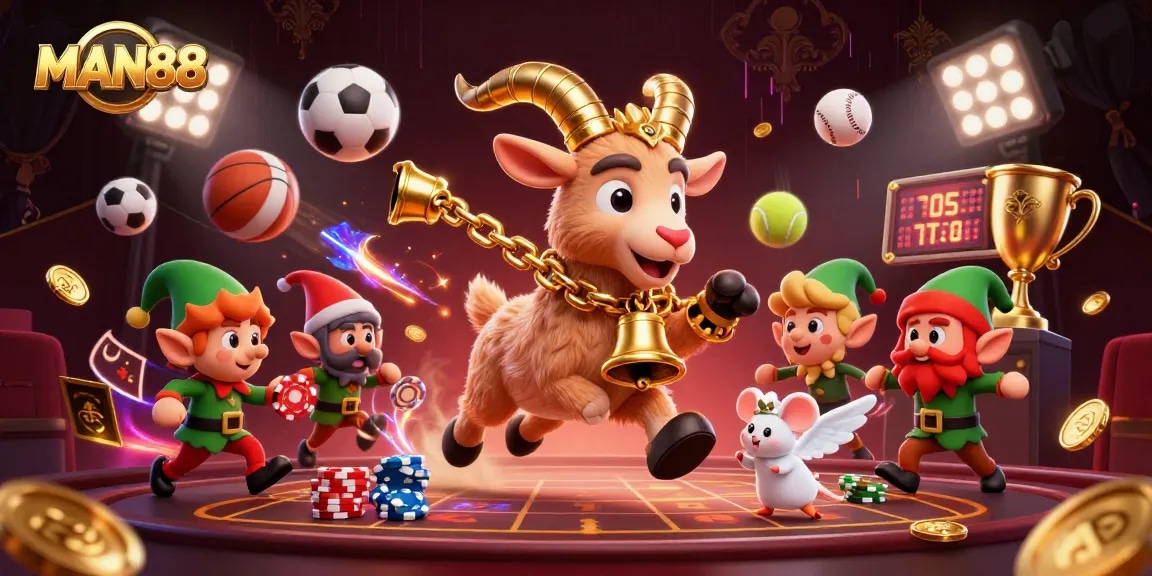 Experience thrilling gameplay action at MAN88 with festive and competitive characters in a dynamic casino scene.