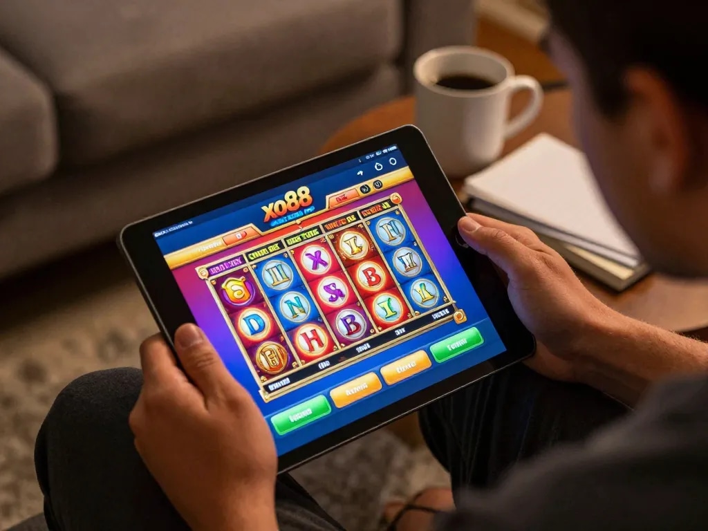 Engaging in online casino games via link xo88 app, showcasing vibrant graphics on a tablet.