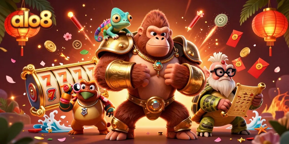 Experience the excitement of alo8 with a powerful gorilla king, chameleon spy, and tortoise elder in a vibrant casino scene.