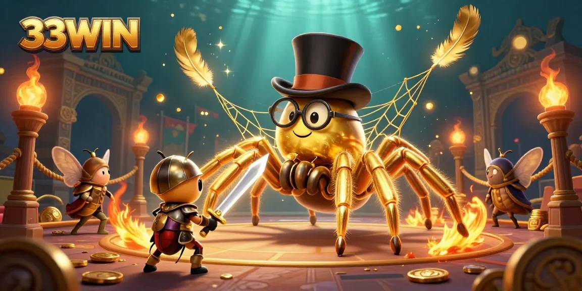 Join the excitement at 33WIN with a brave beetle knight facing a golden tarantula in a vibrant casino scene.