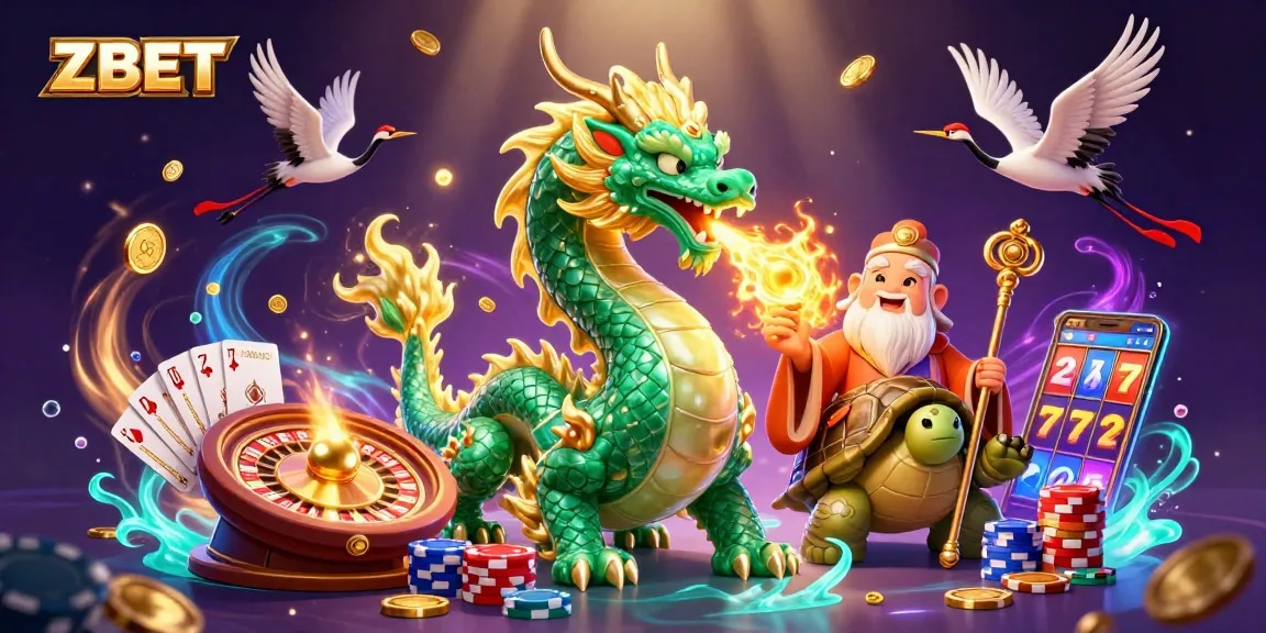 ZBET features an emerald dragon, lucky cranes, and a turtle sage in a vibrant casino setting.