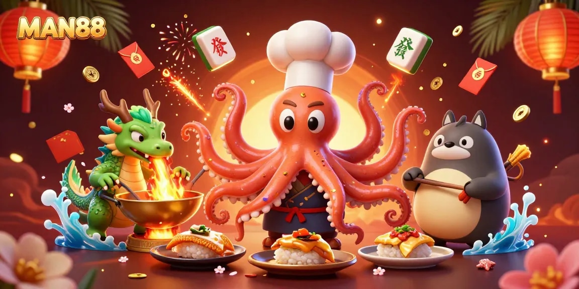 Engage with MAN88's dynamic gaming experience featuring vibrant 3D illustrations of casino fun.