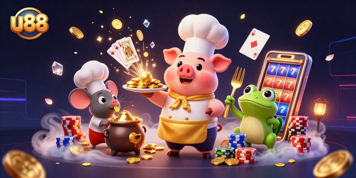 Experience thrilling bets at u88 with a pig chef serving gold coins in this vibrant casino scene.