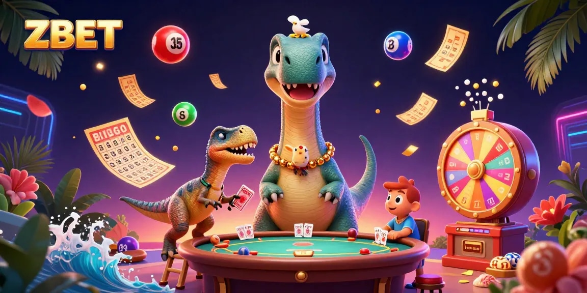 ZBET showcases a vibrant casino scene with dinosaurs and colorful gaming elements, capturing excitement.