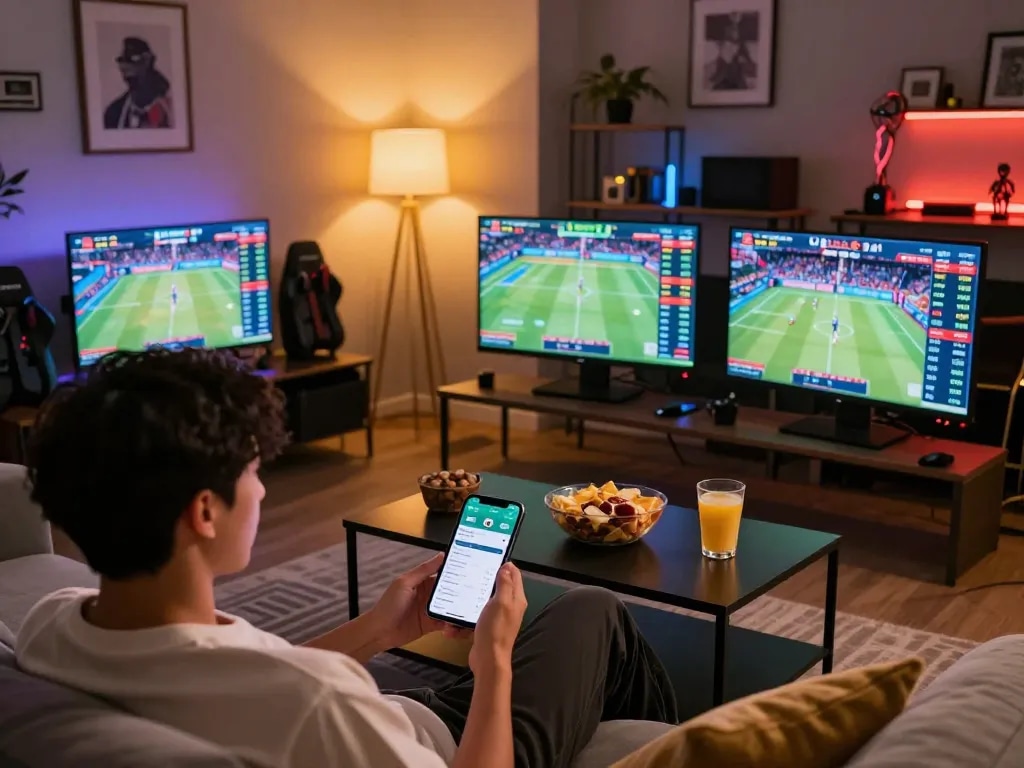Engaging in sports betting with the 8live app on smartphone, live events displayed on screens.