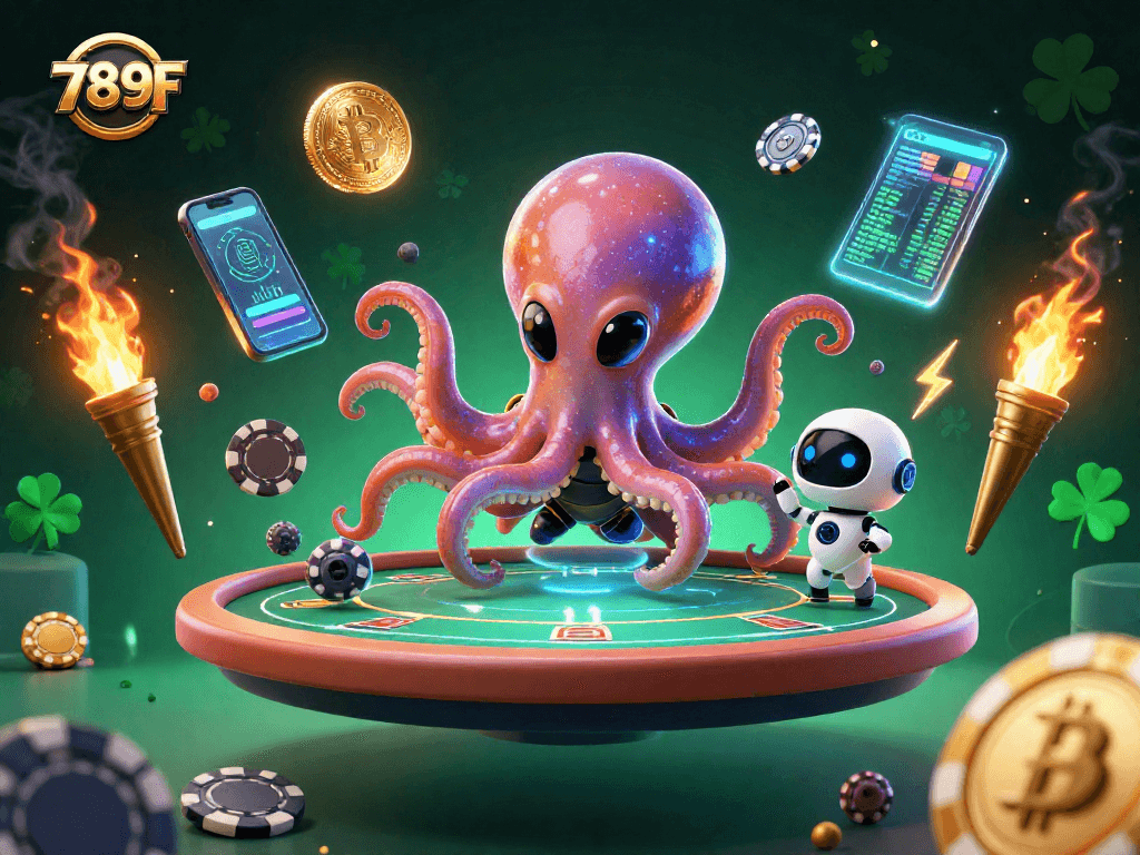 Experience thrilling poker gaming with the vibrant 3D octopus and robot duo at 789F casino.