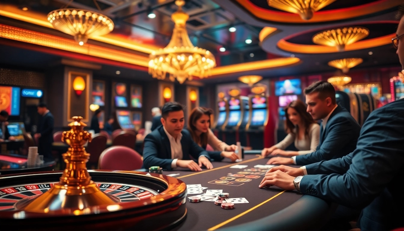Players enjoying thrilling games at 23win casino, showcasing poker chips and roulette.