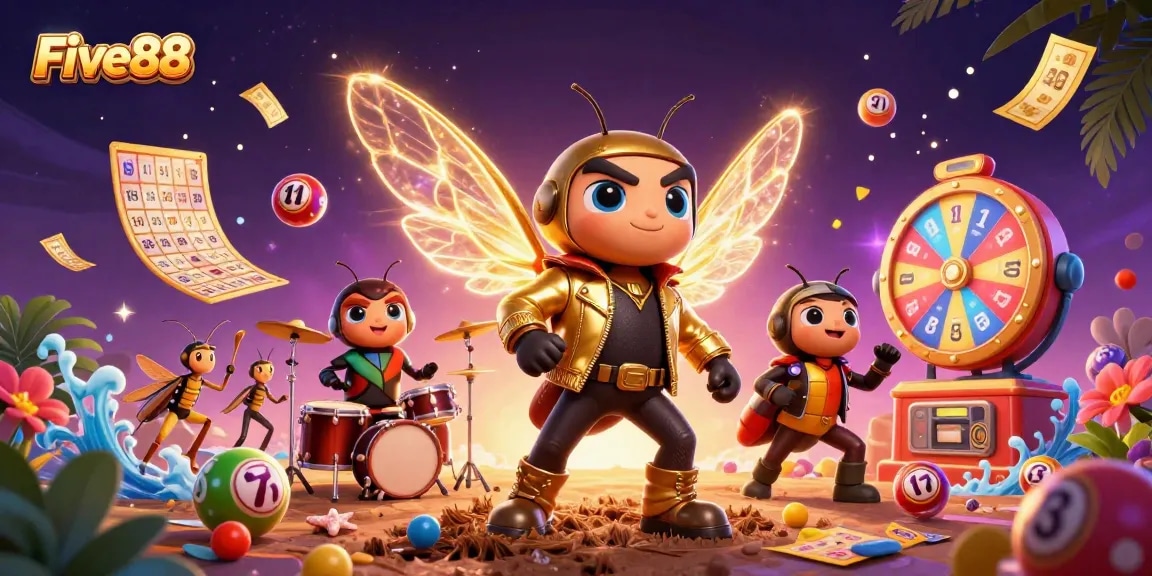 Experience vibrant gameplay with Five88 as the cicada rock star and band entertain with dynamic casino elements.