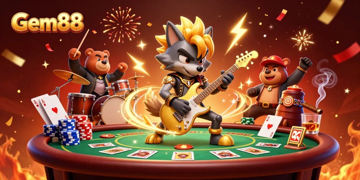 Experience gaming excitement with Gem88, featuring thunderous performances by cartoon rock stars.