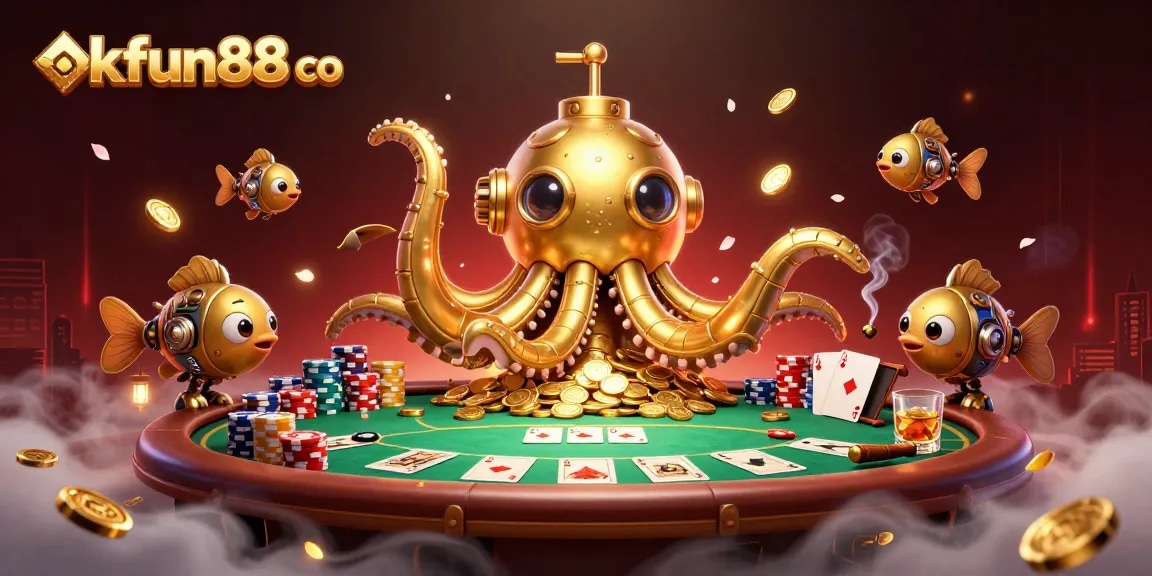 Engage with okfun88 co's vibrant gaming scene featuring a kraken submarine and poker elements.