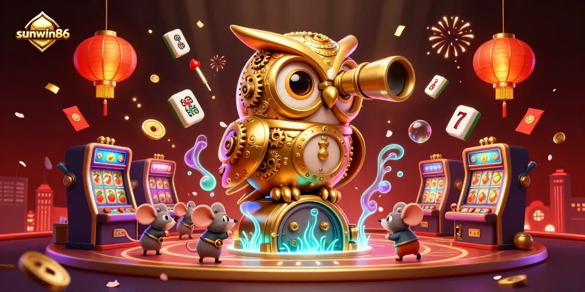 Experience the vibrant world of sunwin86 with a clockwork owl overseeing dynamic casino scenes filled with games.