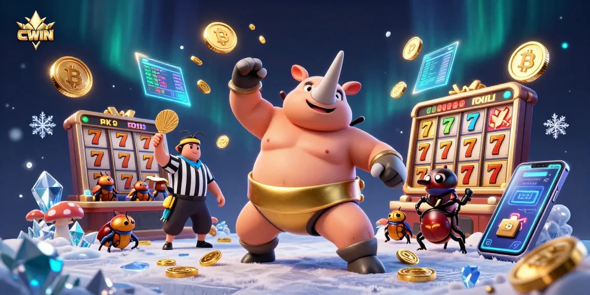 Witness the CWIN rhinoceros beetle champion striking a jackpot with coins flying in a vibrant casino scene.