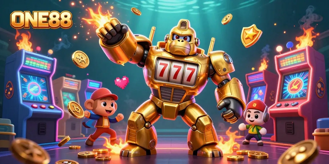 Experience the excitement of ONE88 with a dynamic 3D casino scene featuring a golden gorilla mech.