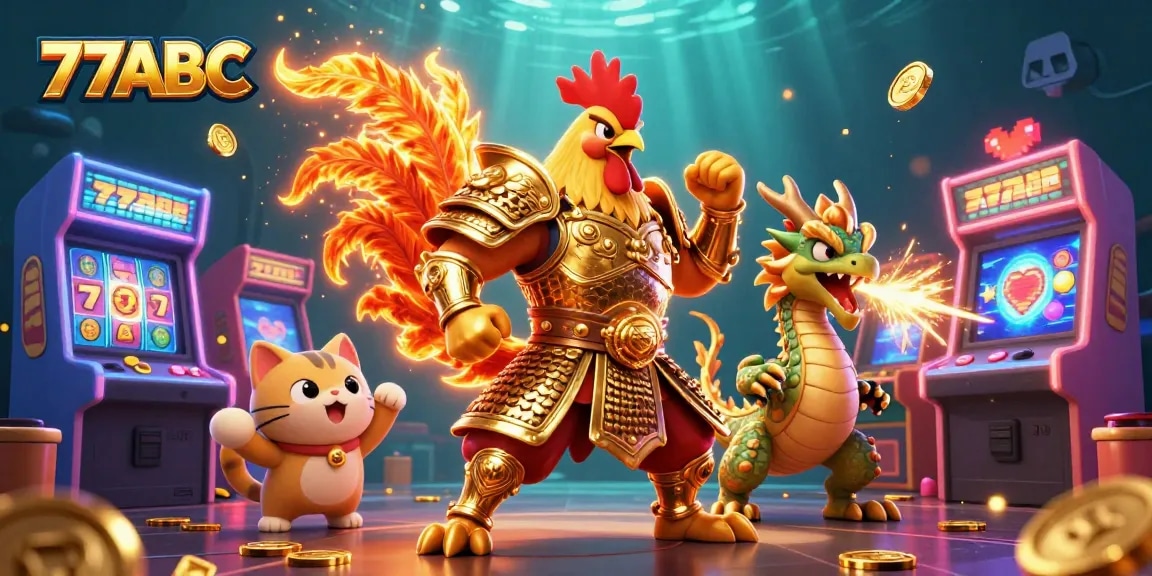 Engage with thrilling 77ABC gameplay featuring a fighting rooster and dragon in a vibrant casino setting.