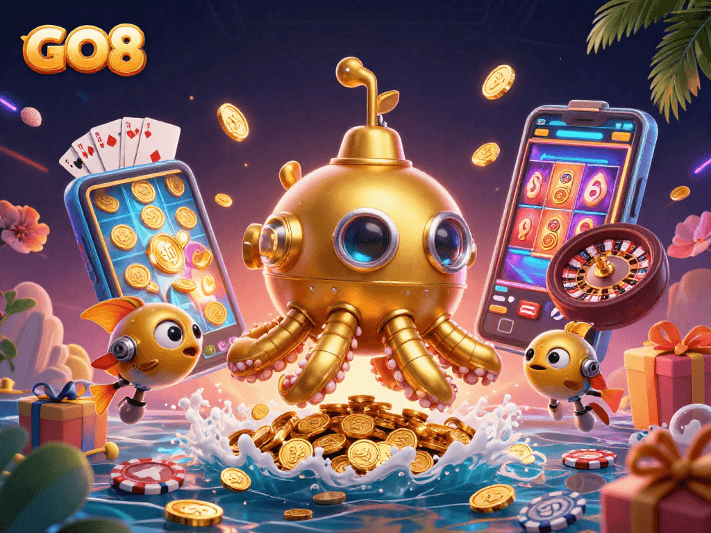 Experience the excitement of GO8 with a vibrant underwater casino scene complete with slot games and golden coins.
