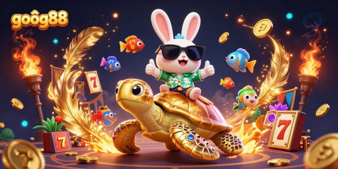 Play exciting slot games with goôg88, featuring a lucky rabbit and a golden sea turtle in a vibrant casino scene.