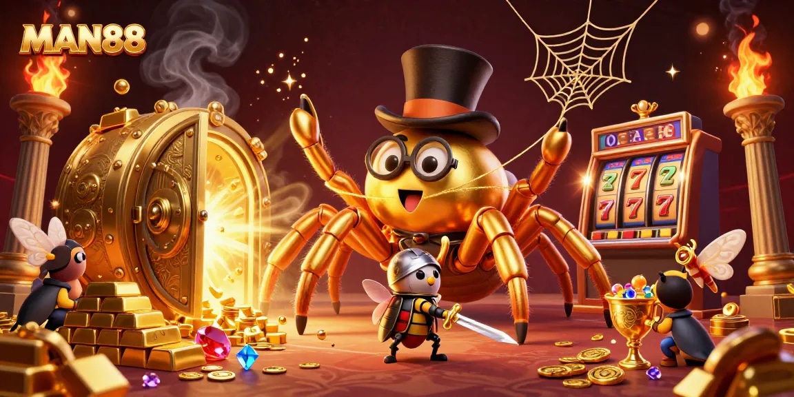 Experience the thrilling world of MAN88 with golden treasures and adventurous characters in a stunning 3D casino scene.
