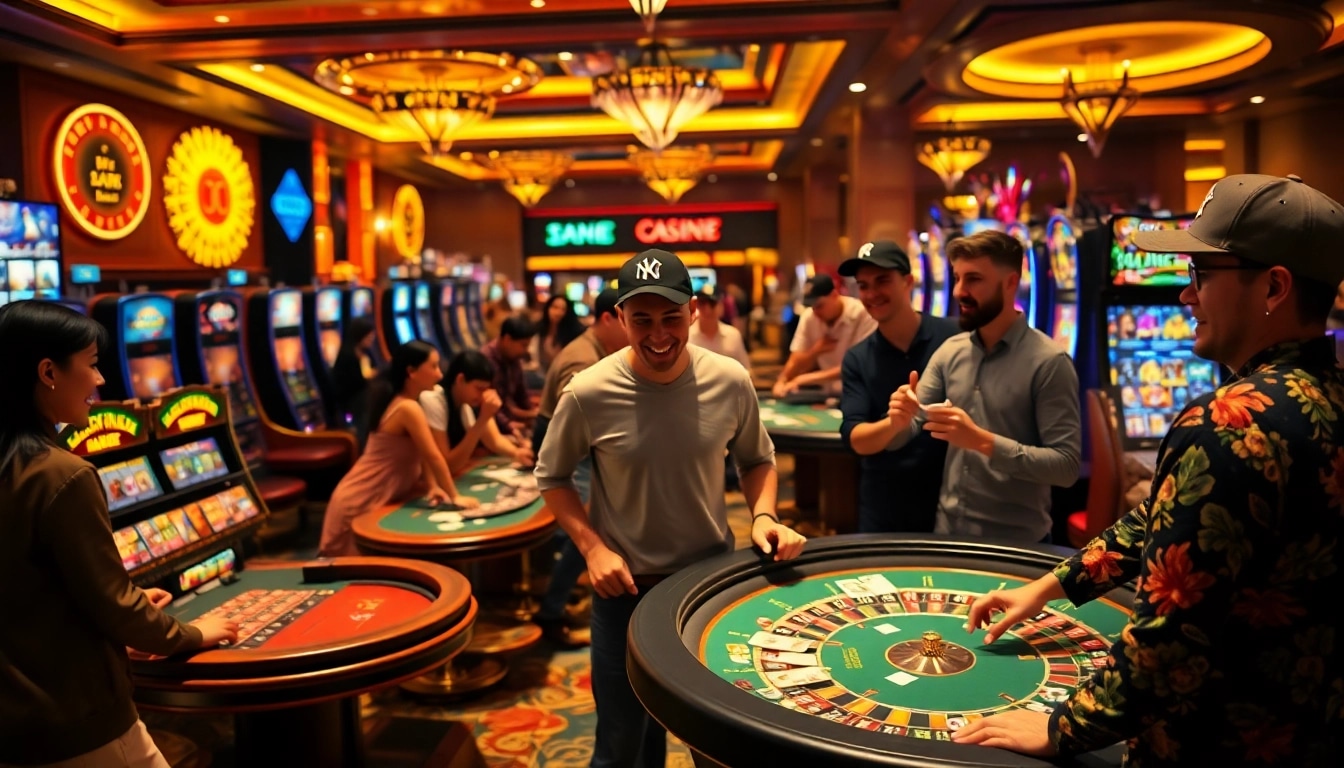 Excited gamblers enjoying DTF transferai designs on stylish apparel at a vibrant casino.