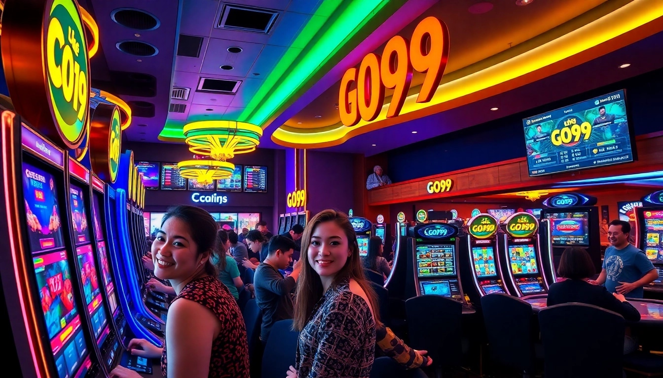 Engaging GO99 gaming scene with vibrant atmosphere and players enjoying online casino games.