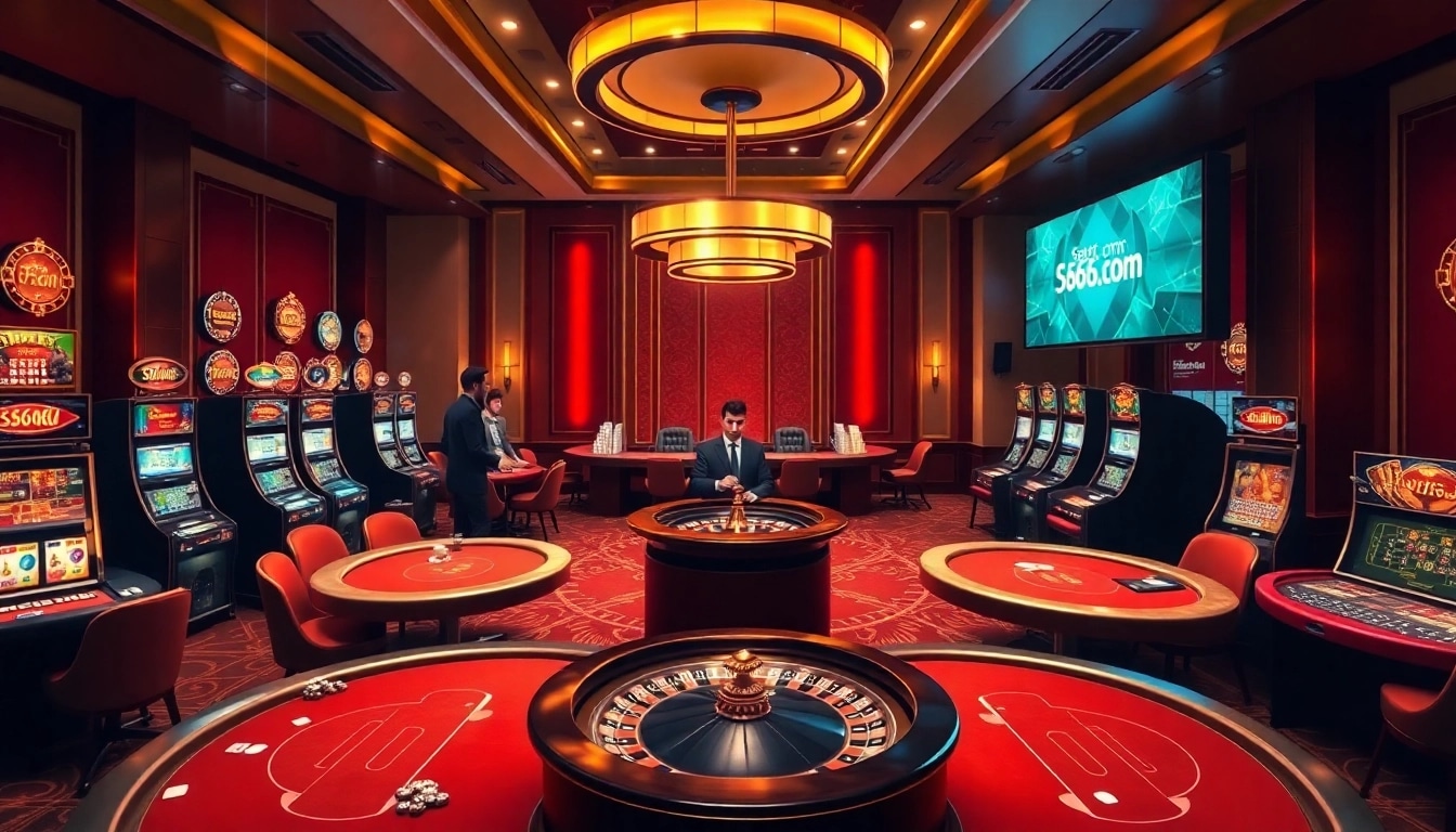 Engage with the thrilling atmosphere at S666hn.com featuring luxurious casino tables and vibrant slot machines.