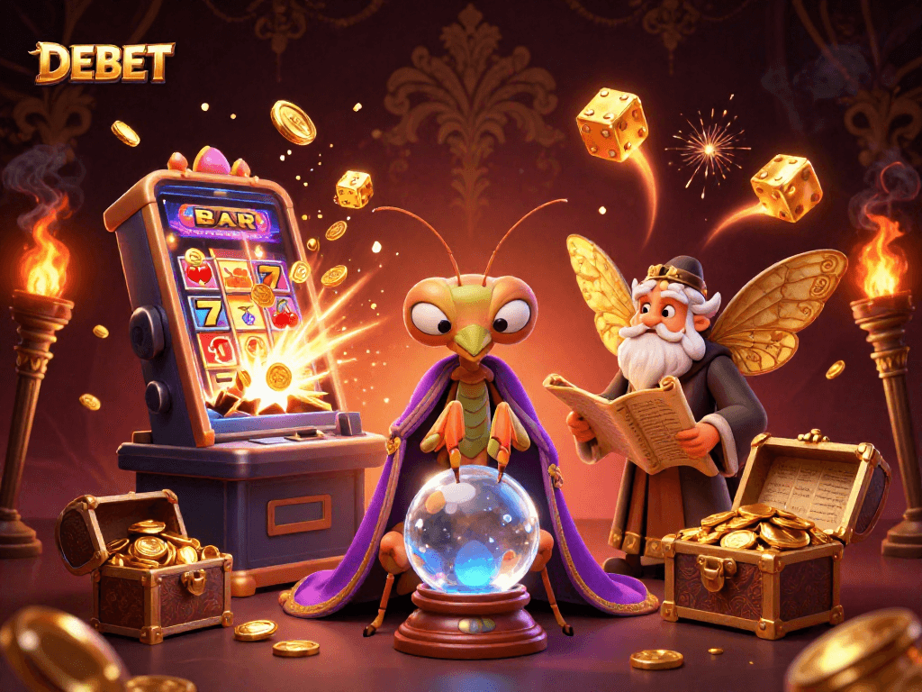 Play DEBET responsibly with a mystical fortune teller and vibrant casino elements in a captivating illustration.
