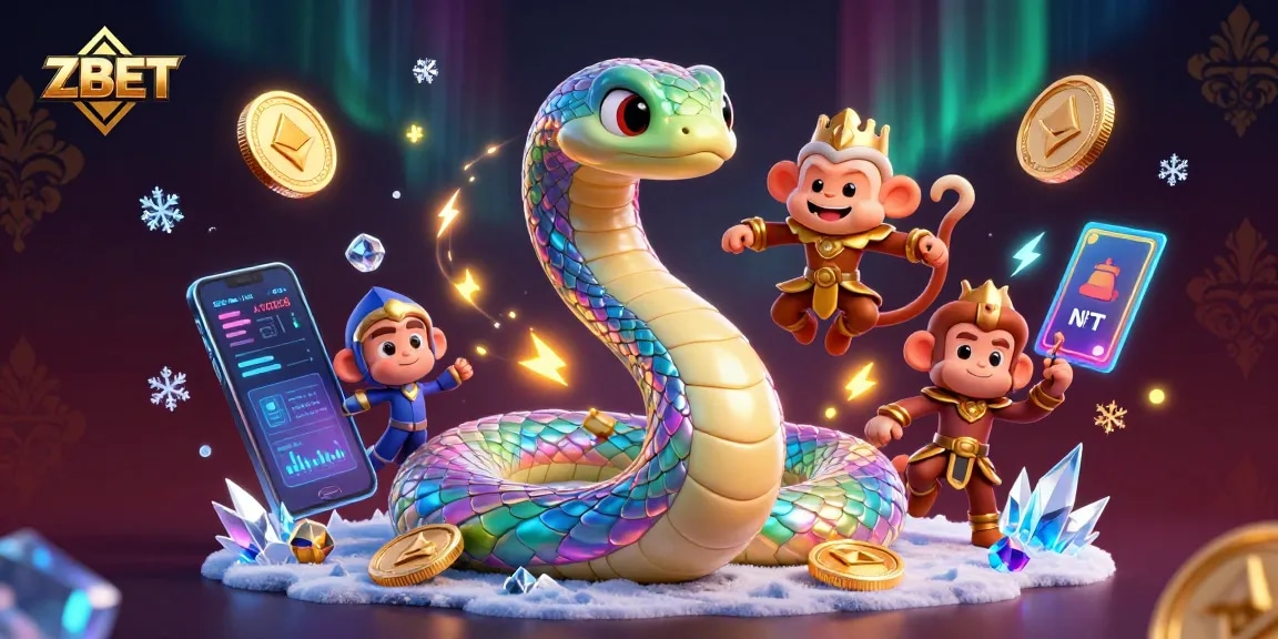 ZBET game illustration showcasing a vibrant 3D scene with a rainbow serpent and crypto elements