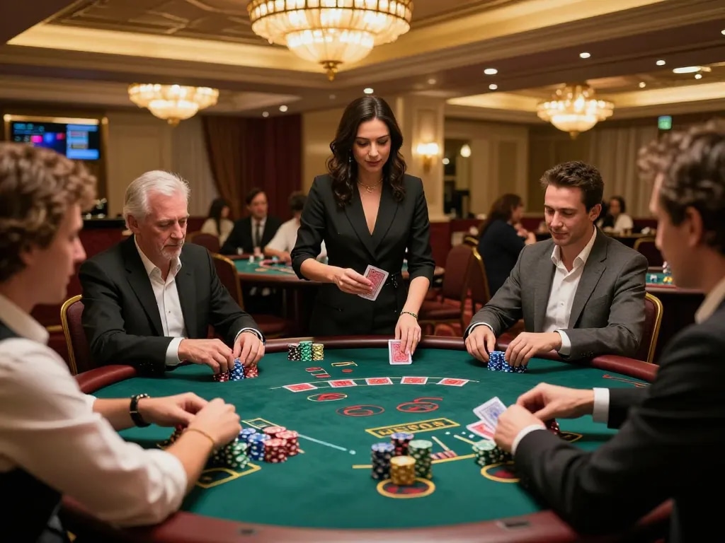 Players at Go8 blackjack table celebrate winning hands in a luxurious casino.