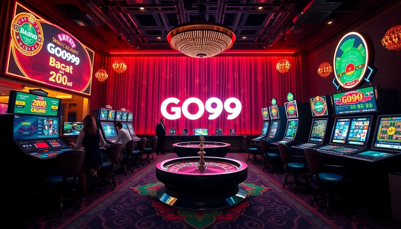 Experience the excitement of GO99 online gaming with vibrant casino visuals featuring Baccarat, Roulette, and slot machines.