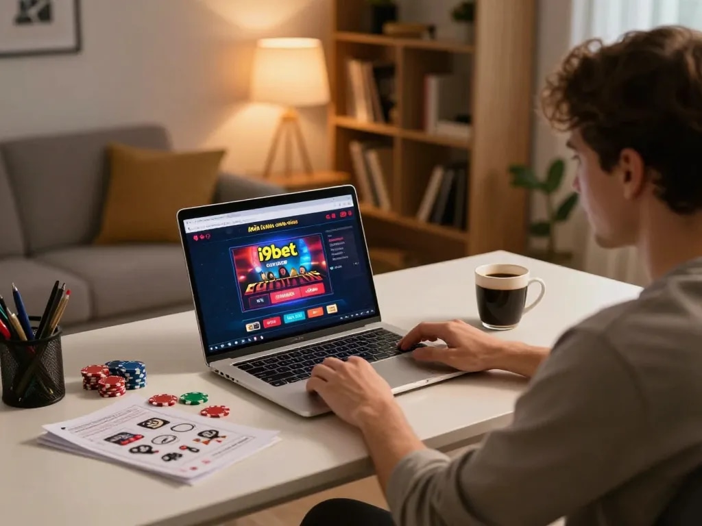 Playing poker on i9bet com with a cozy setup at home, showcasing online gaming atmosphere.