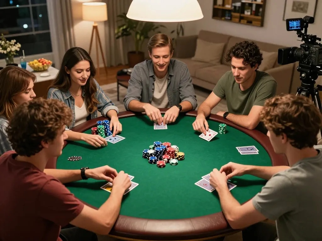 Players at a home poker night strategy session with competitive energy and colorful chips highlighting 5679.